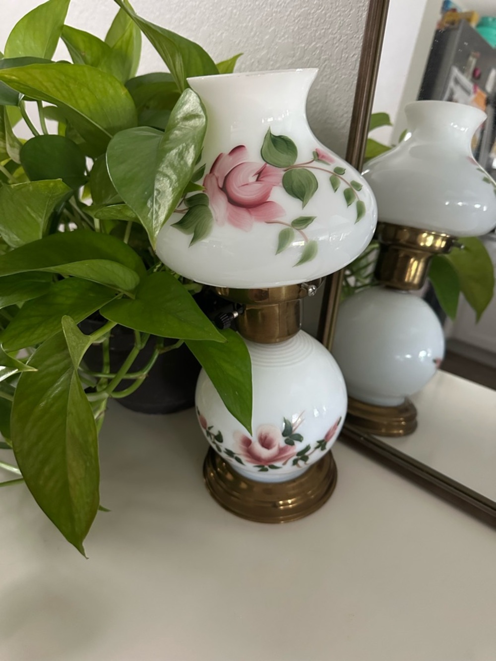 Hand-Painted Pink Floral Milk Glass Table Lamp